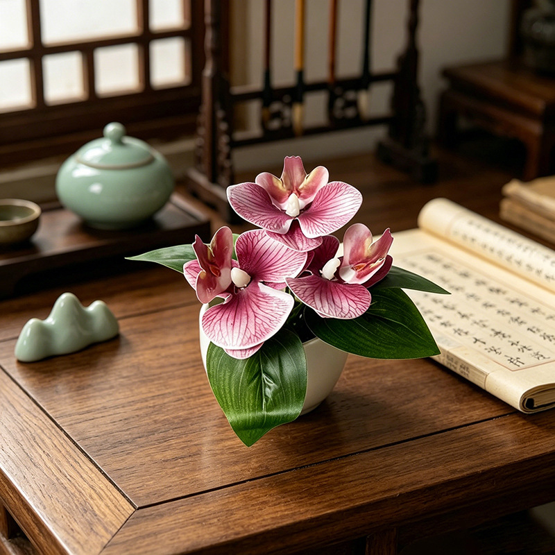 Bonsai Garden Accessories - 3-Head Simulated Butterfly Orchid Potted Plant